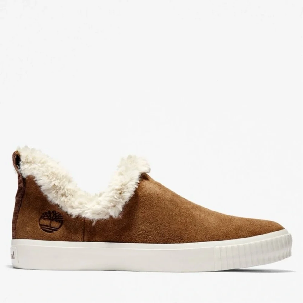 Timberland Woman’s Tan Rust Suede Faux Fur Ankle Slip On Sneaker Booties Sz 6.5